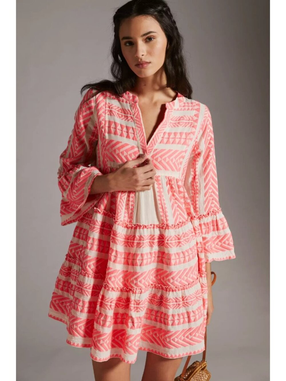 NWT Devotion Twins Ella Tunic in Neon Pink Off-White A-line Tiered Mini Dress L